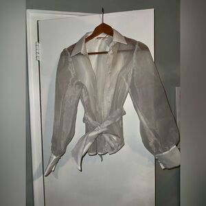 Sheer White Tie-Waist Long Sleeve Shirt